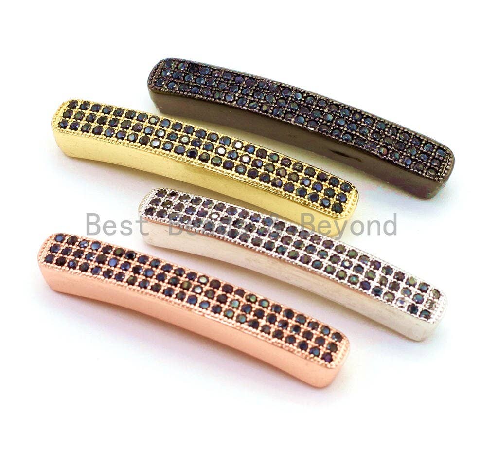CZ Micro Pave Nami Rectangular Curved Tube with Black Crystal for Bracelet/Necklace, Cubic Zirconia Separator Tube, 36mm,SKU#G3