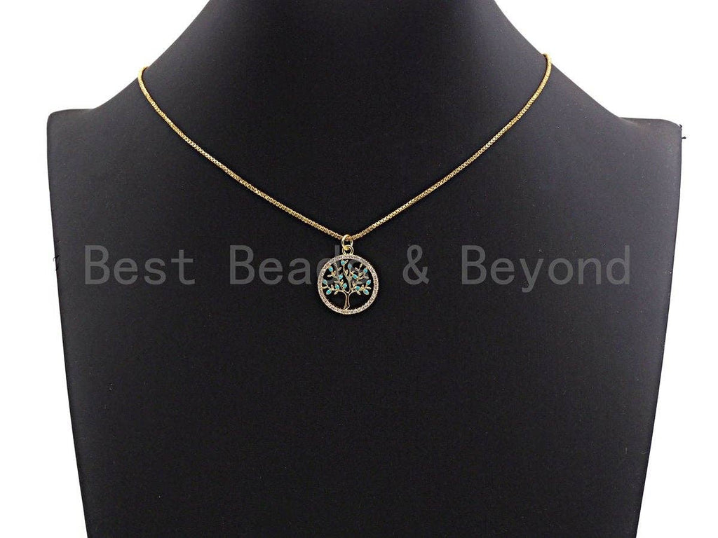 Turquoise CZ Micro Pave Hollow out Tree Round Pendant/Charm, Tree Cubic Zirconia Pendant, Silver/Gold Tone,18x21mm,Sku#Z495