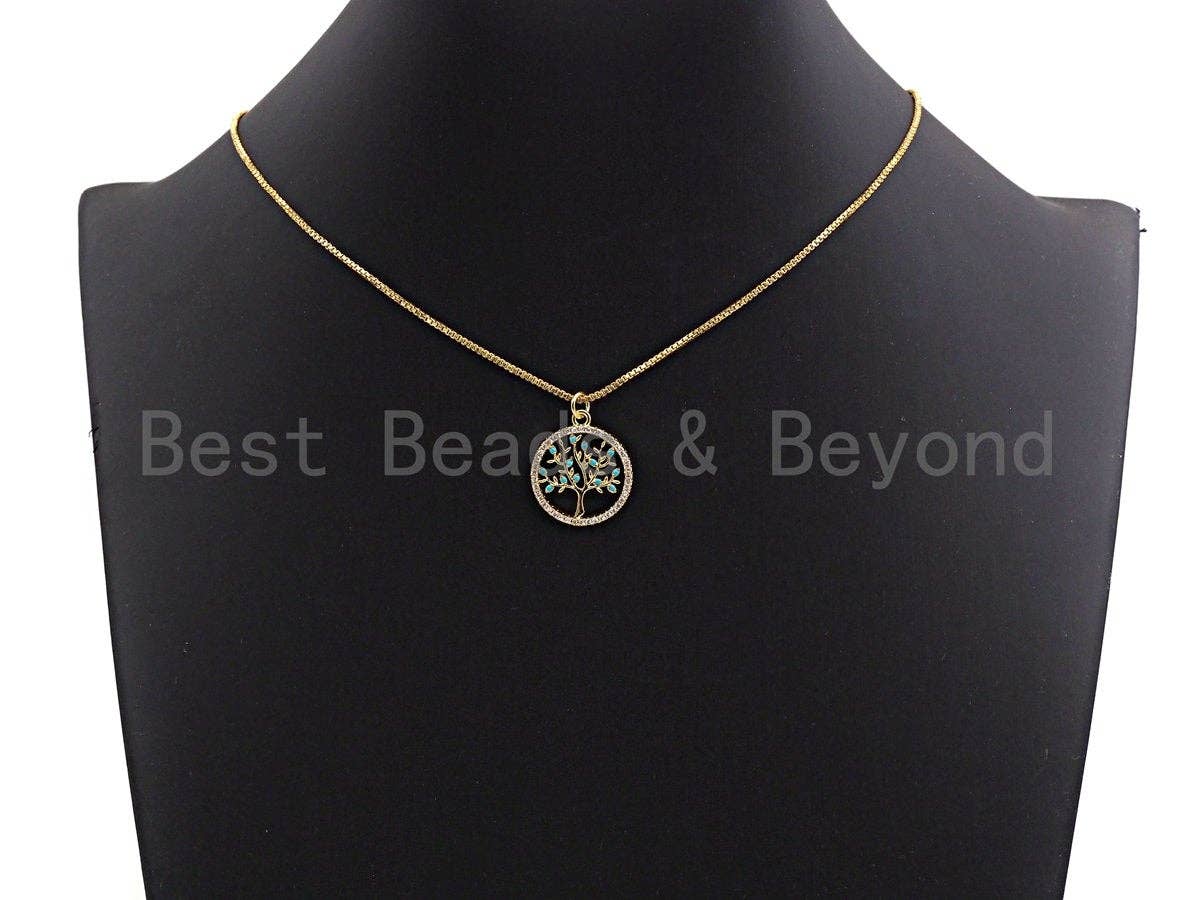 Turquoise CZ Micro Pave Hollow out Tree Round Pendant/Charm, Tree Cubic Zirconia Pendant, Silver/Gold Tone,18x21mm,Sku#Z495
