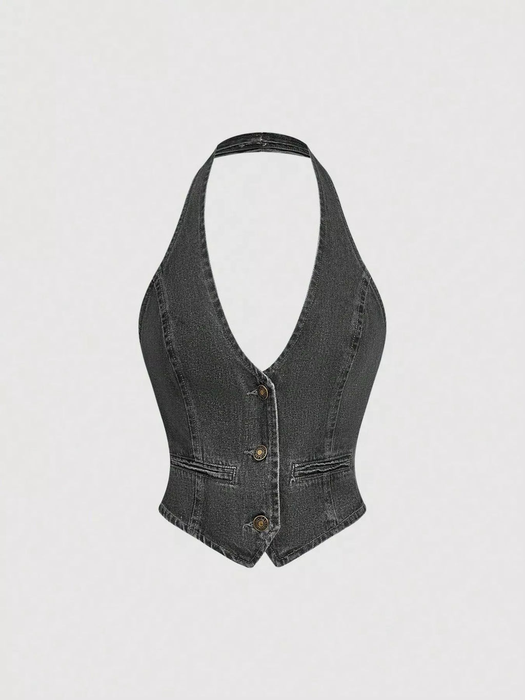 Halter Neck Denim Vest and Wide-Leg Jeans Set