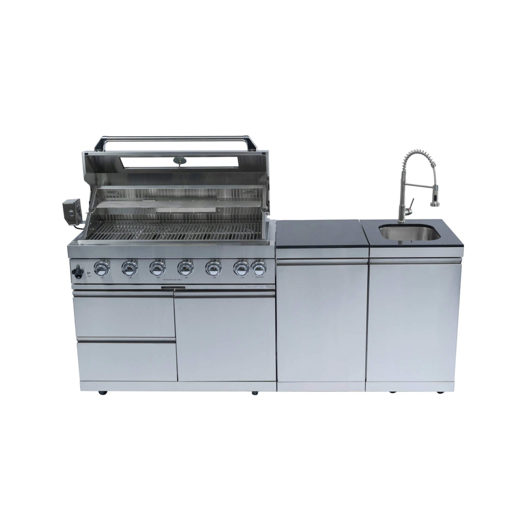 Castelle Flame Granite Outdoor BBQ Kitchen Island With 43-Inch 6-Burner Gas Grill, Rotisserie Kit, Cabinets, And Sink (SAK73518)
