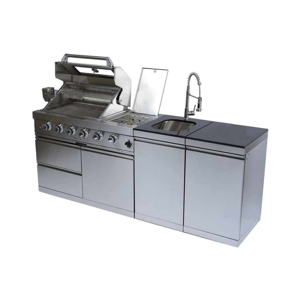 Castelle Flame Stainless Steel Outdoor BBQ Kitchen Island With 46-Inch 4-Burner 85K BTU Grill, Rotisserie Kit, And Cabinets (SAK93192)