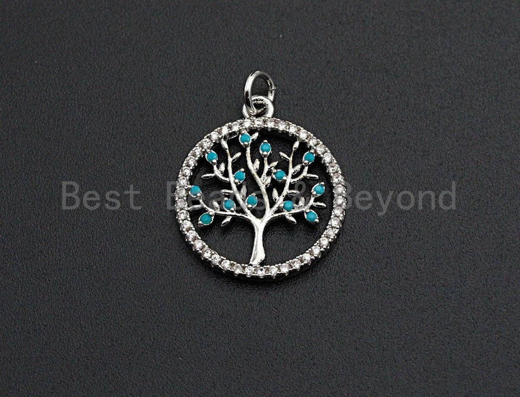 Turquoise CZ Micro Pave Hollow out Tree Round Pendant/Charm, Tree Cubic Zirconia Pendant, Silver/Gold Tone,18x21mm,Sku#Z495
