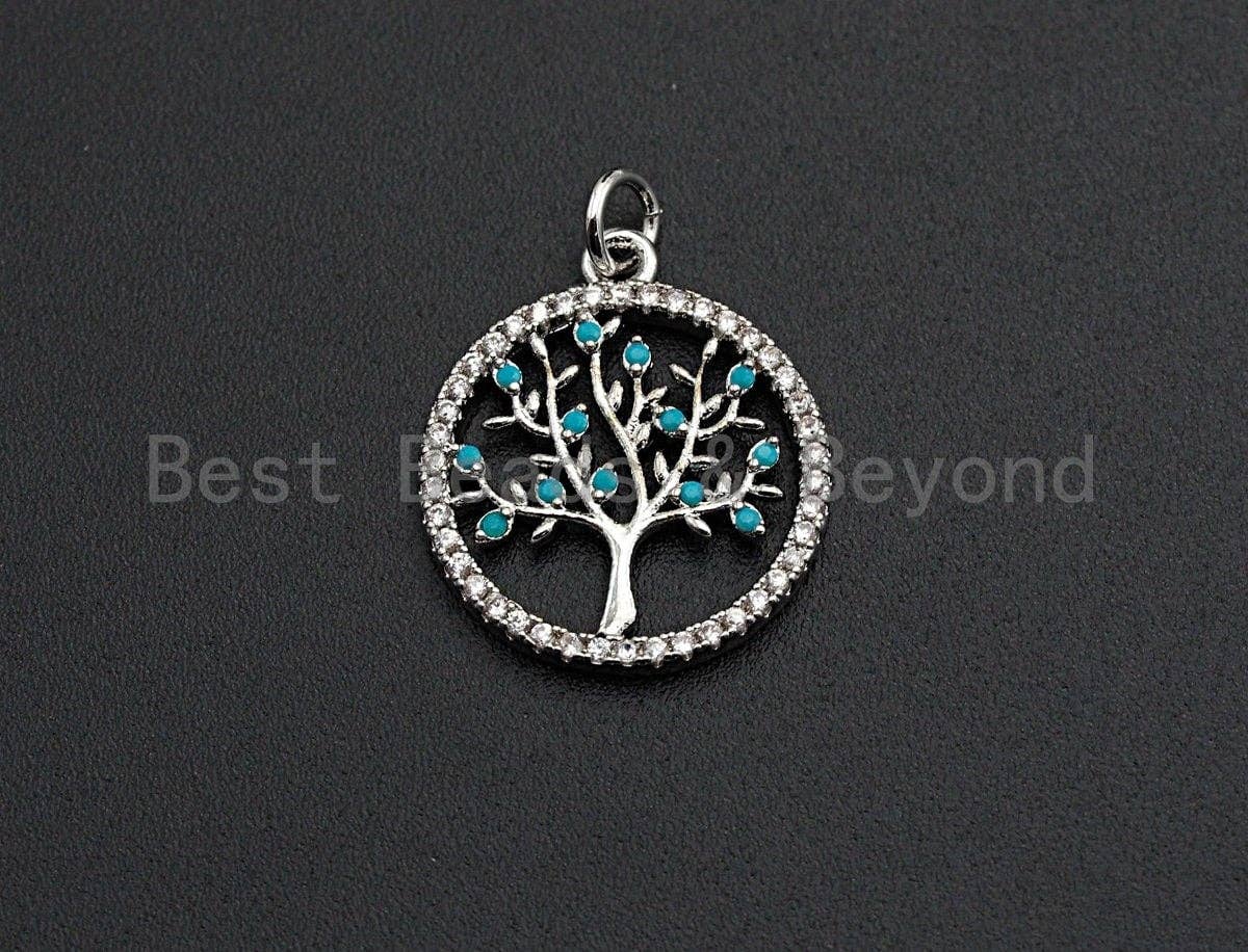 Turquoise CZ Micro Pave Hollow out Tree Round Pendant/Charm, Tree Cubic Zirconia Pendant, Silver/Gold Tone,18x21mm,Sku#Z495