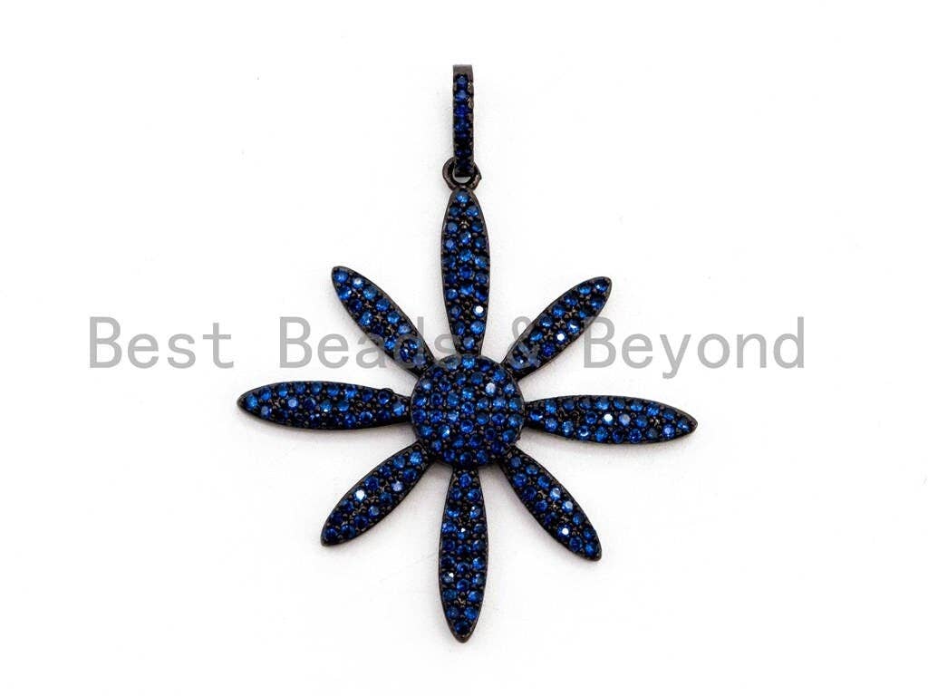 CZ Micro Pave Cobalt/Fuchsia/Green/Black Flower Pendant, CZ Pave Focal Pendant, Gumental plated, 35x37mm sku#F408