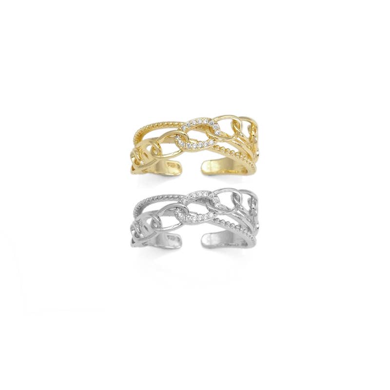 Gold CZ Oval Link Cross Adjustable Ring, Sku#ZX149