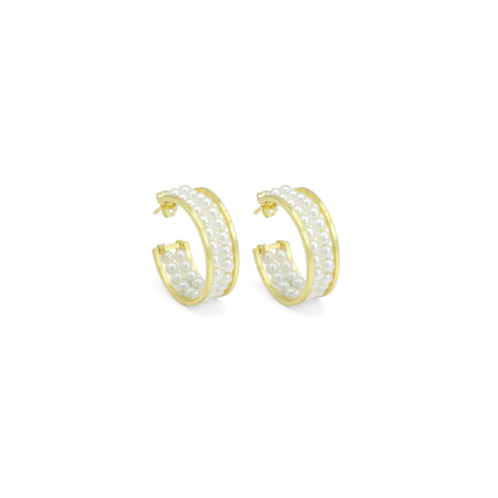 Double Line Pearl Gold Hoop Shape Stud Earrings, Sku#FH238