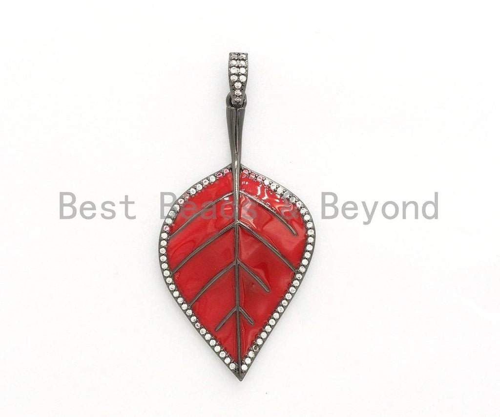 NEW Colorful Enamel Oil Drop Leaf Pendant, Cubic Zirconia Enamel Leaf Charm, Fashion Jewelry, 27x50mm, SKU#F618