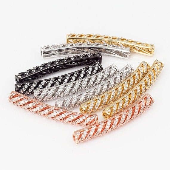 CZ Micro Pave Twill Curved Tube Beads, Tube Beads for Bracelet, CZ Pave Spacer, Gold/Rose Gold/Black/Silver Spacer Tube, 5x35mm,sku#G400C