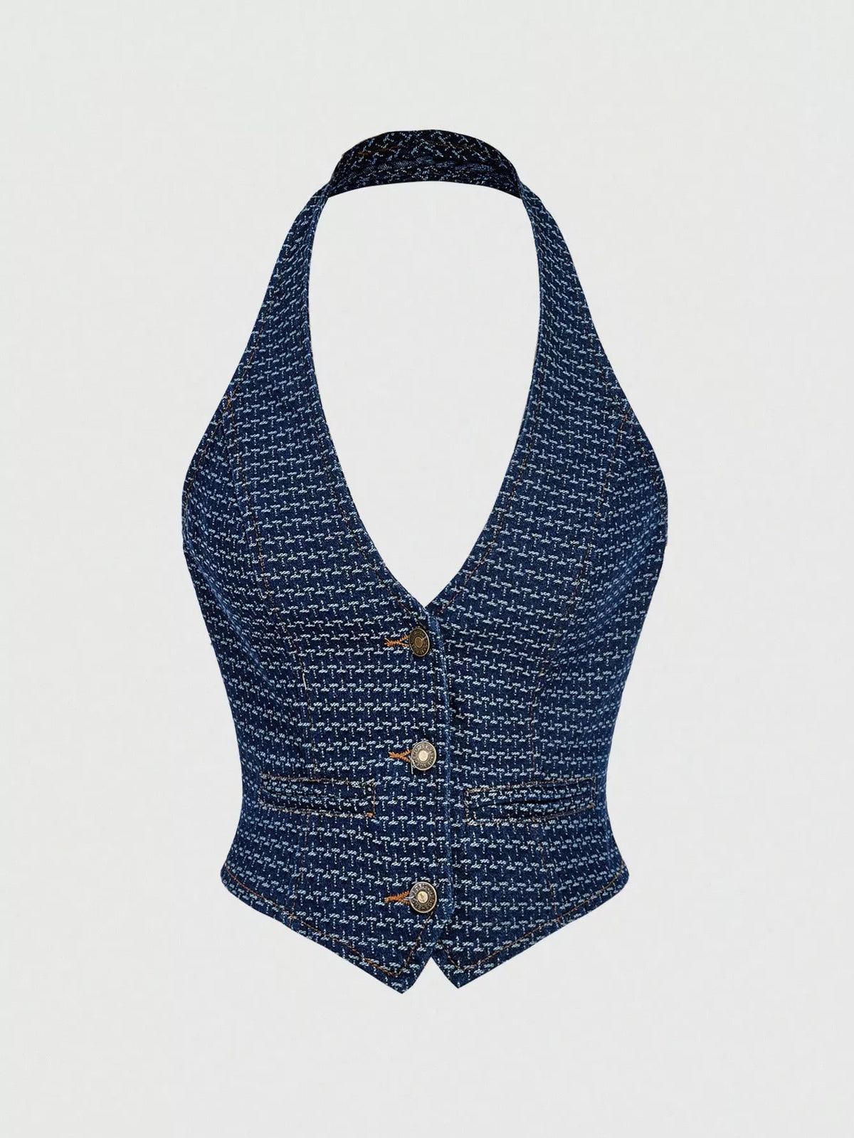 Halter Neck Denim Vest and Wide-Leg Jeans Set