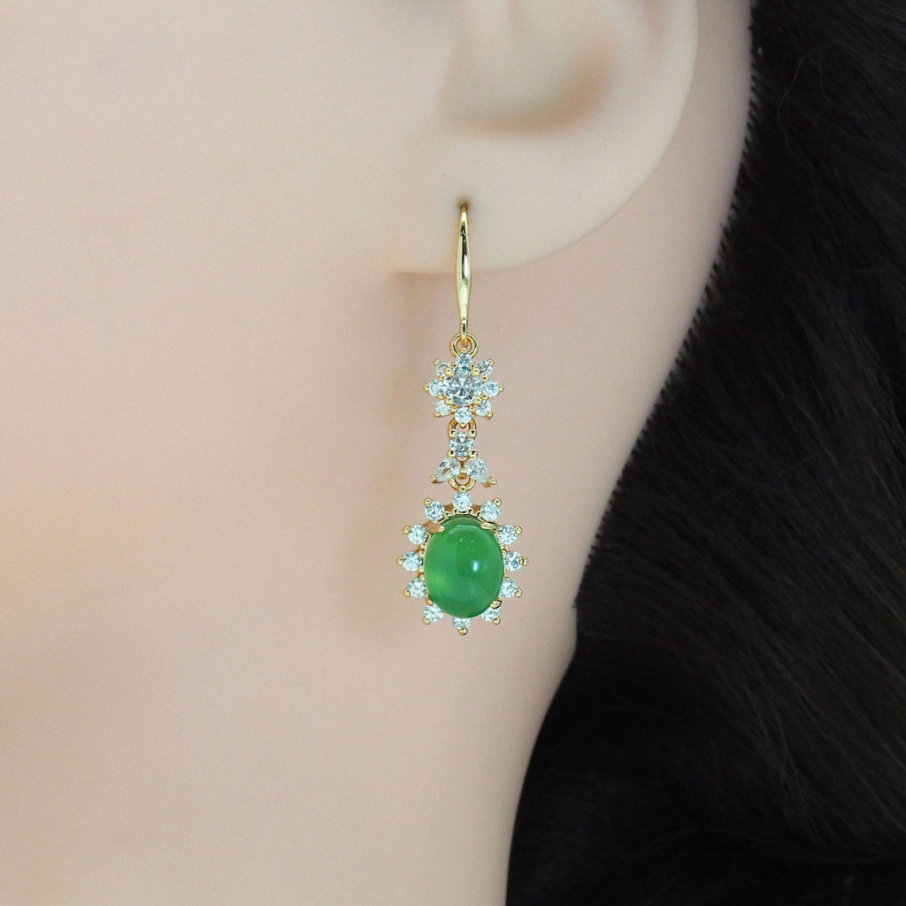 Clear CZ Gold Green Oval Jade Earrings, Sku#LX349