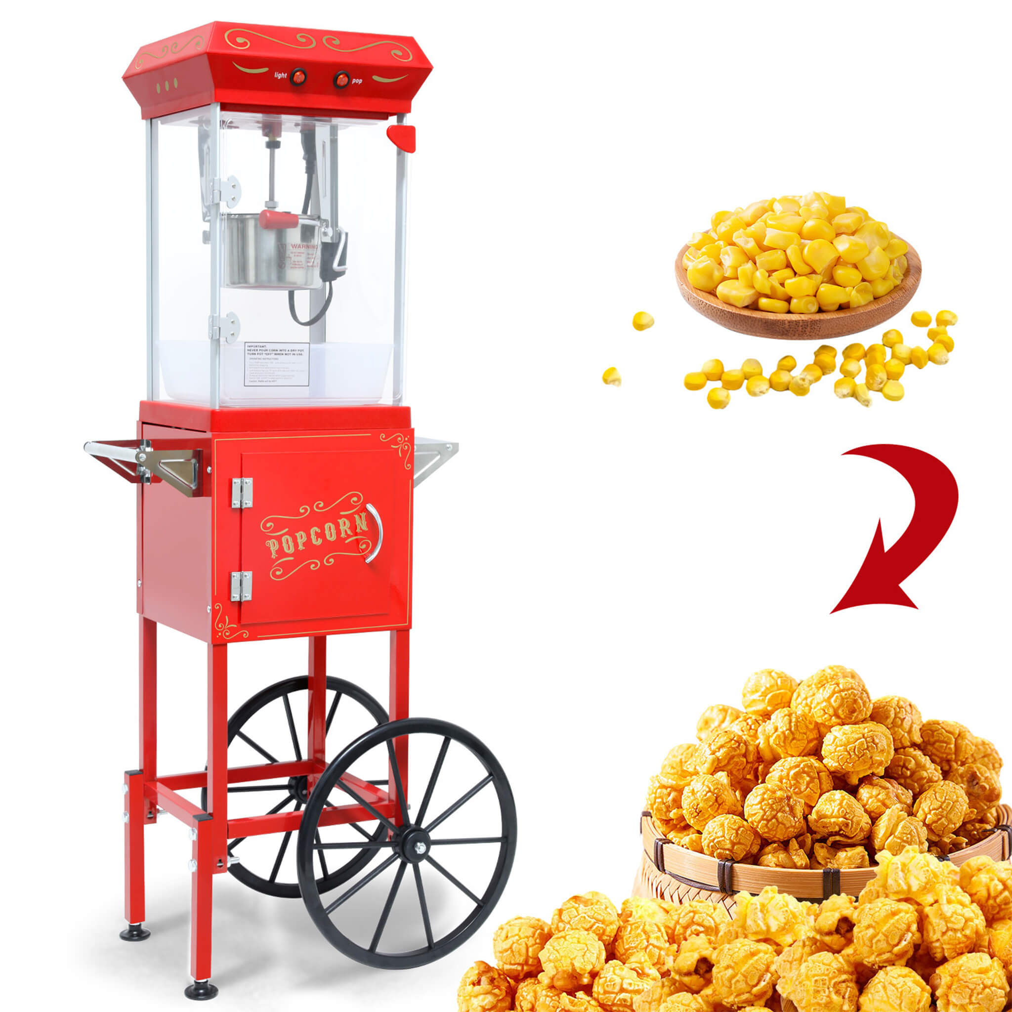 Commercial 6-Ounce Stainless Steel Vintage Popcorn Machine With Cart, Red (SAK35951)