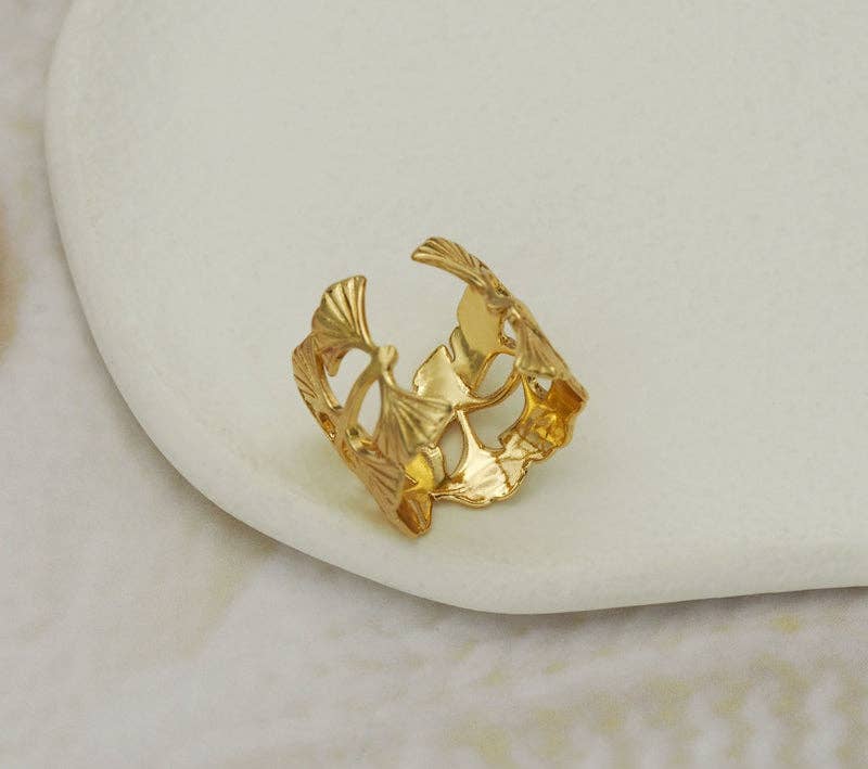 CZ Gold Ginkgo Leaf Adjustable Ring, Sku#Y757