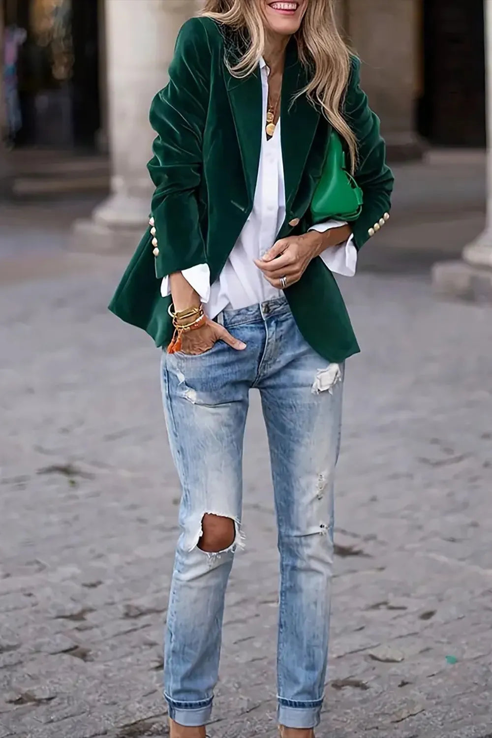 One Button Lapel Collar Long Sleeve Blazer