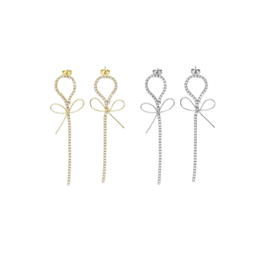 Gold Silver CZ Link Bowknot Long Dangle Stud Earrings, Sku#LX375