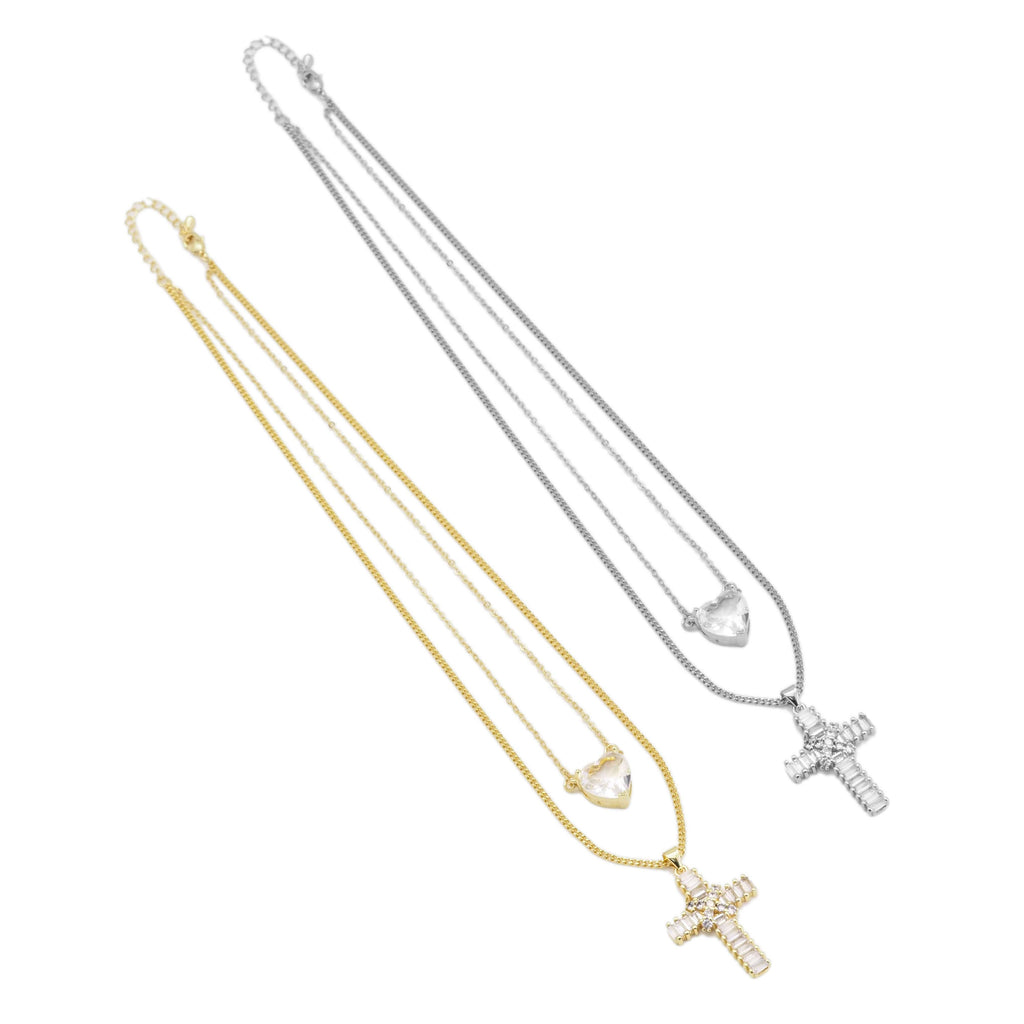 CZ Cross Heart Link Gold Silver Adjustable Necklace, Sku#EF459
