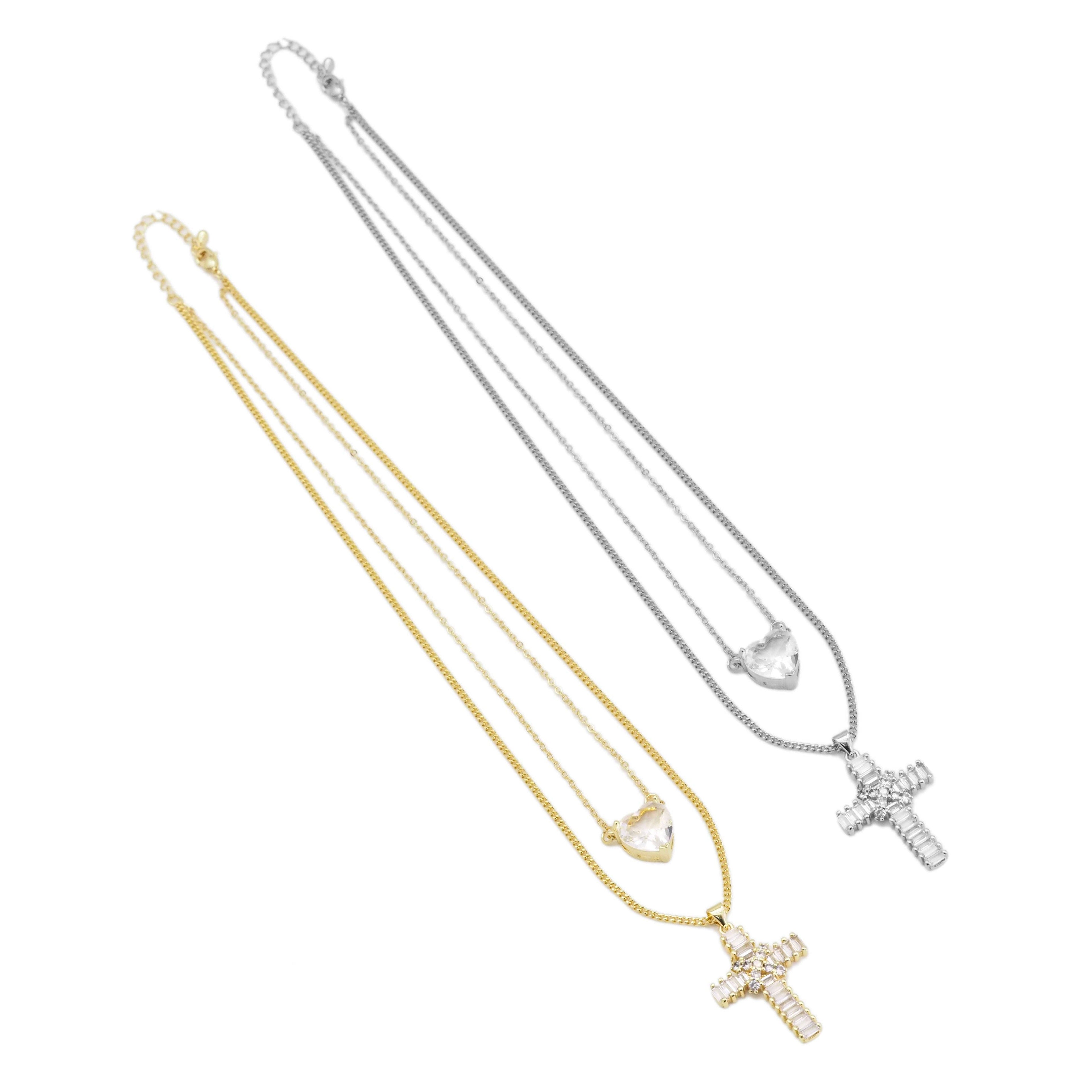 CZ Cross Heart Link Gold Silver Adjustable Necklace, Sku#EF459