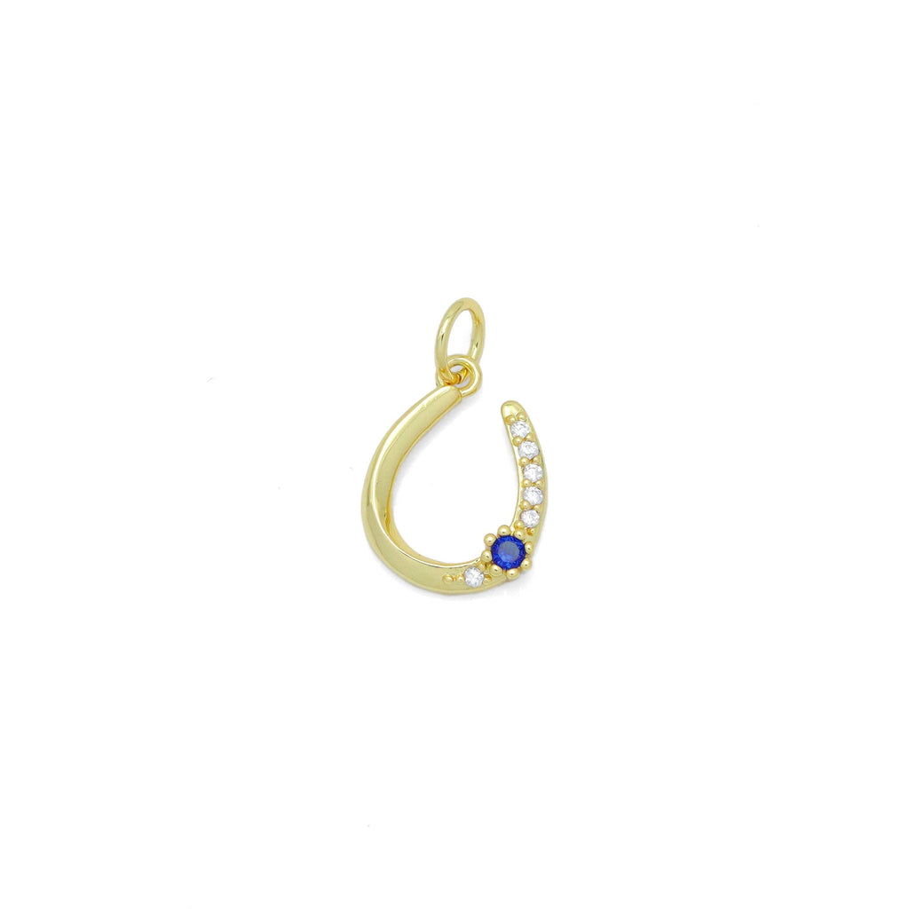 Clear CZ Gold U Shape With Blue CZ Charm Pendant, Sku#Y1030