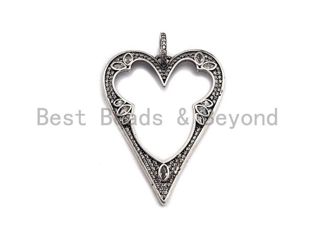 CZ Micro Pave Heart Hollow Out Pendant, Antique Silver Tone, Clear Cubic Zirconia Big Pave Heart Charm Pendant,35x46mm,sku#F1000C