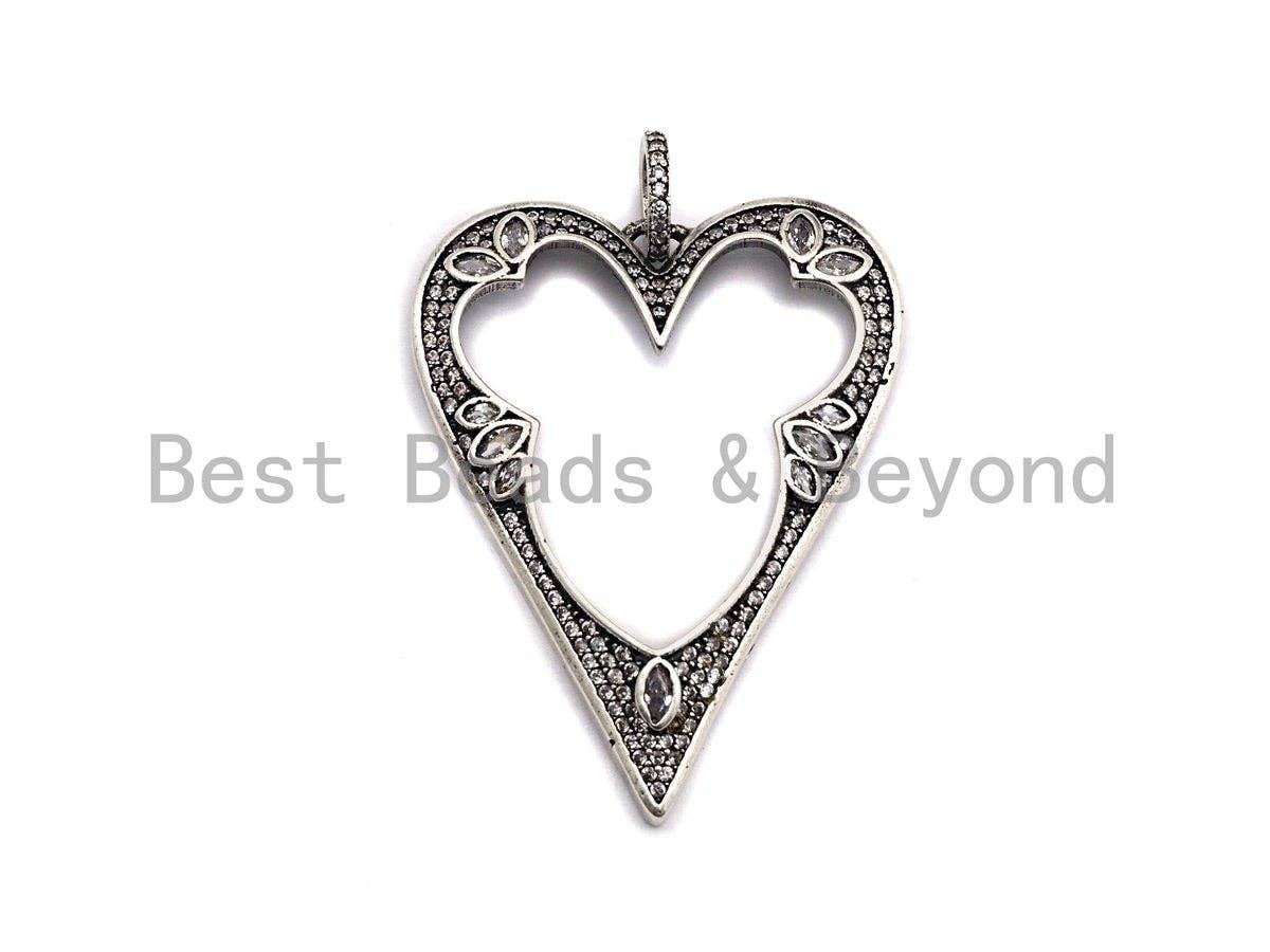 CZ Micro Pave Heart Hollow Out Pendant, Antique Silver Tone, Clear Cubic Zirconia Big Pave Heart Charm Pendant,35x46mm,sku#F1000C
