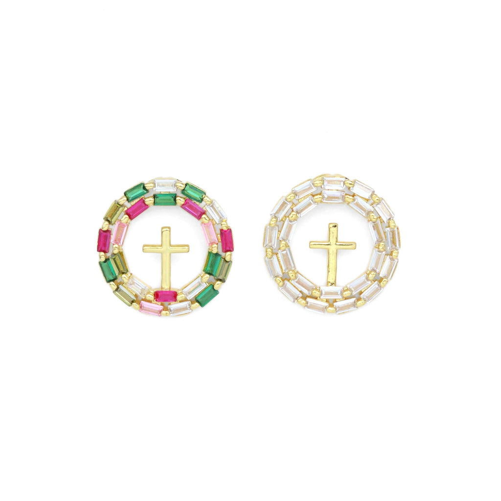 Baguette CZ Pave Gold Cross Circle Pendant, Sku#LX628