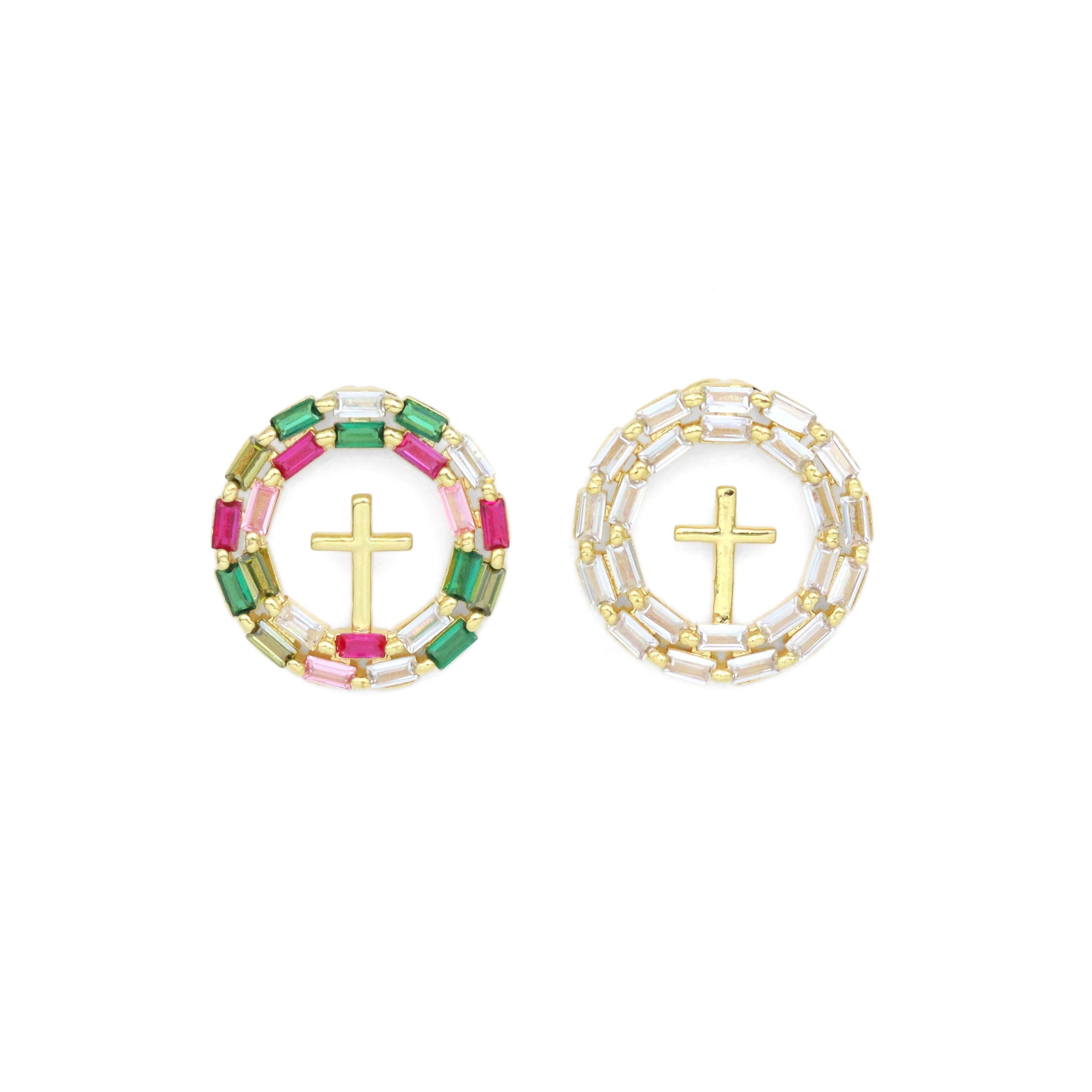 Baguette CZ Pave Gold Cross Circle Pendant, Sku#LX628