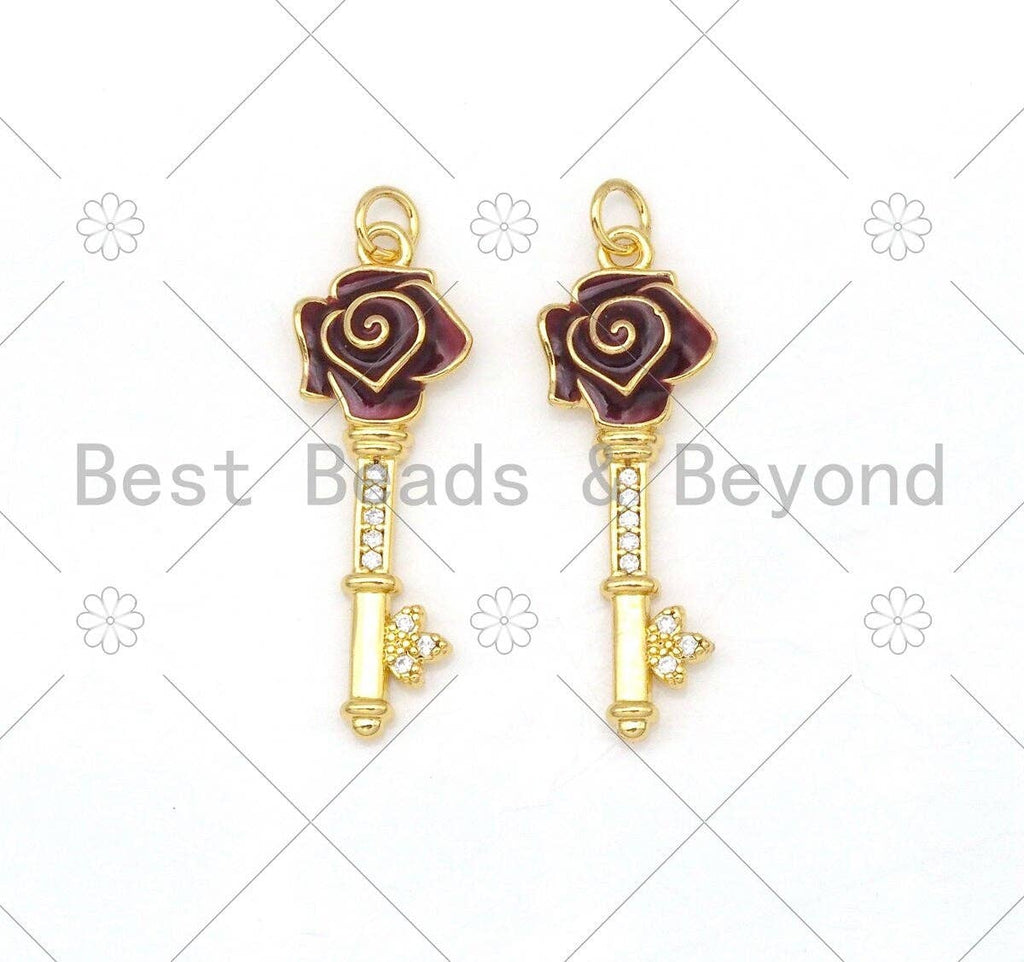 Dark Red Enamel Rose Flower On Key Shape Pendant,18K Gold Filled Enamel Charm,Enamel Jewelry,9x27mm,Sku#Y480