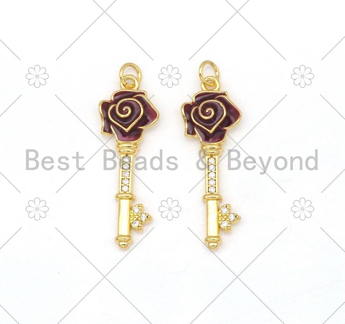 Dark Red Enamel Rose Flower On Key Shape Pendant,18K Gold Filled Enamel Charm,Enamel Jewelry,9x27mm,Sku#Y480