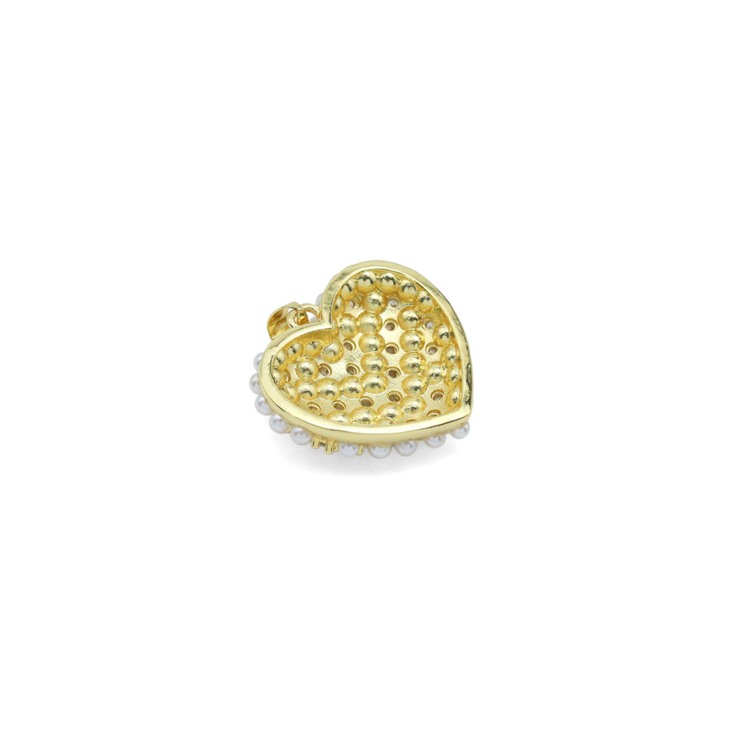 CZ Pave Gold Silver Pearl Heart Charm Pendant, Sku#LX594