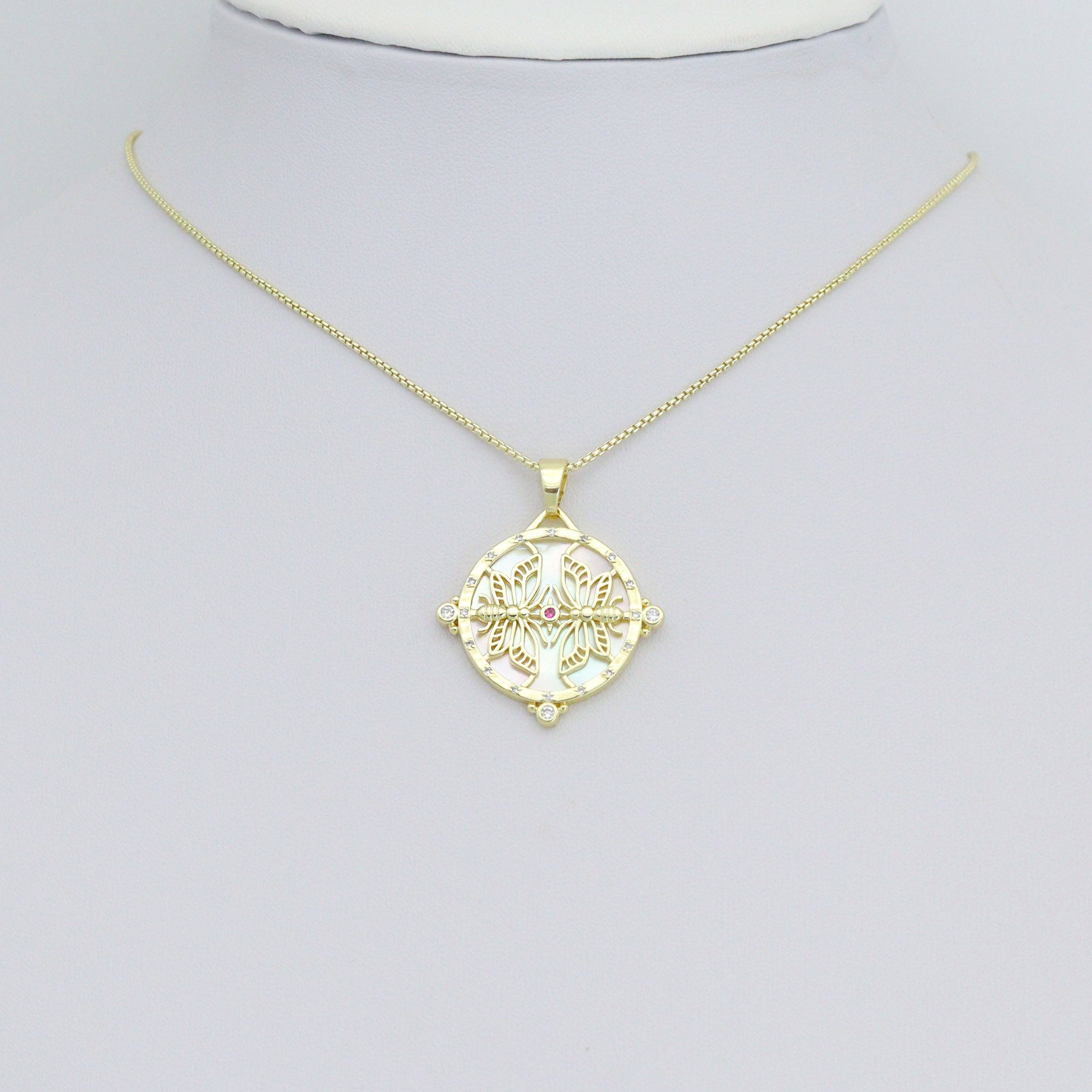 White Pearl Gold Butterfly insect On Round Coin Charm Pendant,Sku#LX876