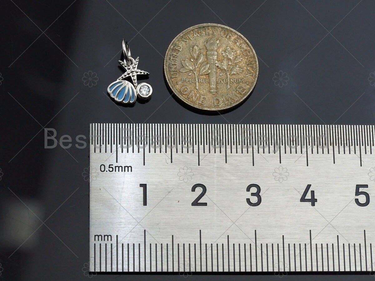 Clear CZ Micro Pave Shell Starfish Shape Pendant,Blue Enamel Cubic Zirconia Shell Charm,Gold/Silver/Rose Gold Tone,8x9mm,sku#Y342