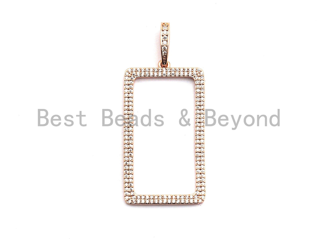 CZ Micro Pave Hollow Out Rectangle Pendant, CZ Pave Pendant, Gold/Rose Gold/Silver/Gunmetal, 22x40mm, Sku#F789