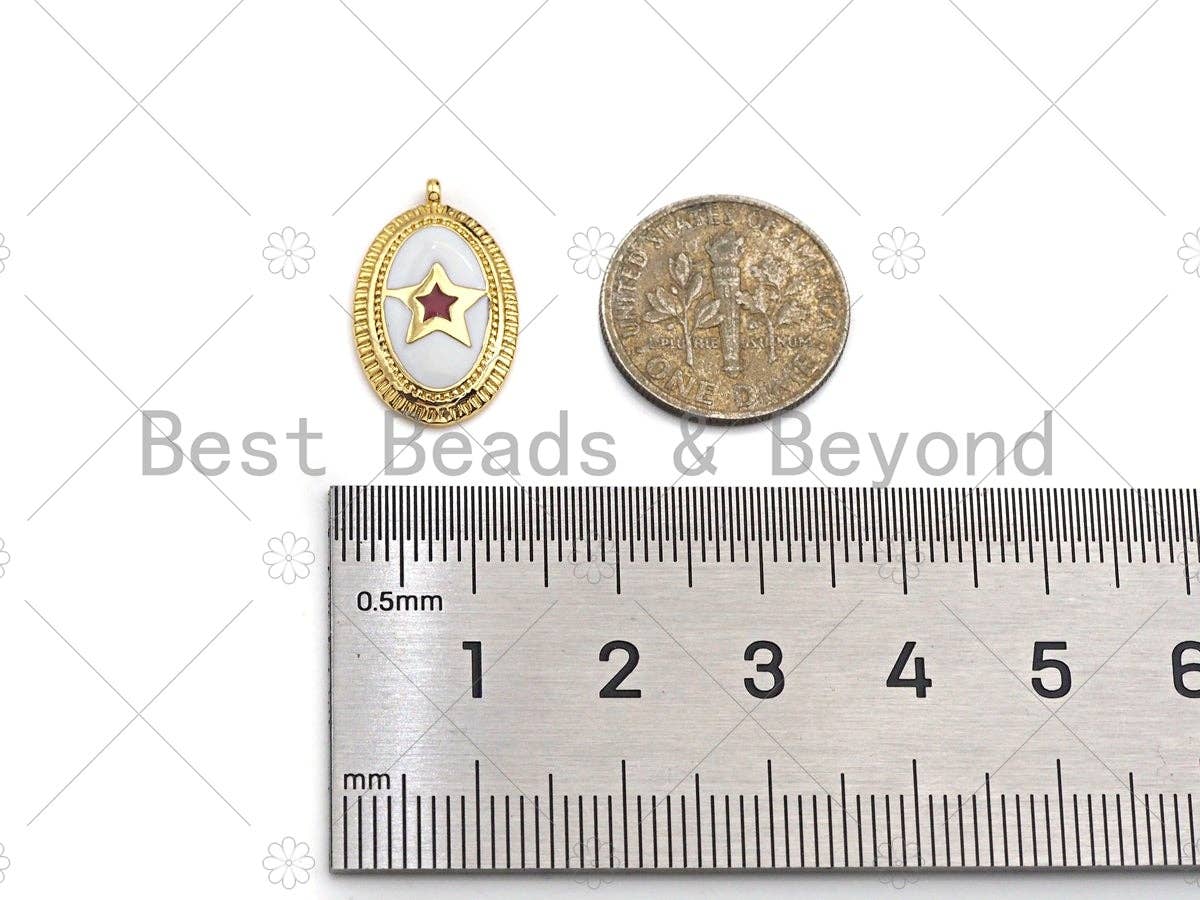 White Enamel Five Star On Oval Pendant,CZ Micro Pave Enamel pendant,Enamel Charm,Enamel Jewelry,12x19mm,sku#Z1244
