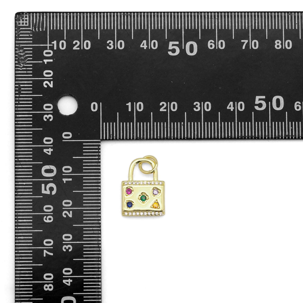 Colorful CZ Gold Lock Charm, Sku#LX365