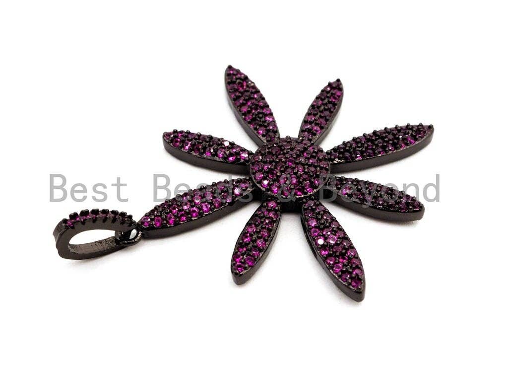 CZ Micro Pave Cobalt/Fuchsia/Green/Black Flower Pendant, CZ Pave Focal Pendant, Gumental plated, 35x37mm sku#F408
