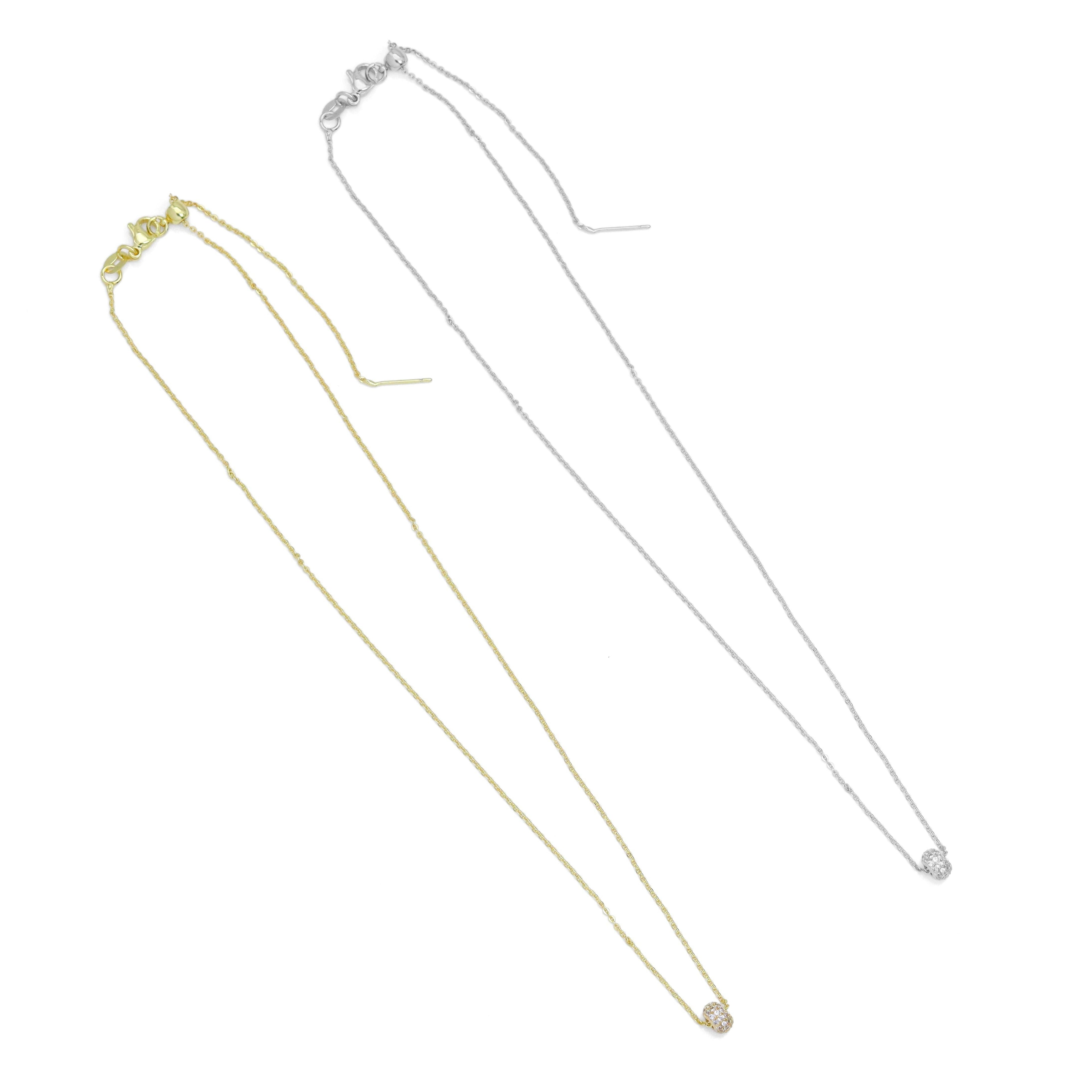 Dainty Gold Silver Chain Oval Spacer CZ Charm Necklace,Sku#EF603