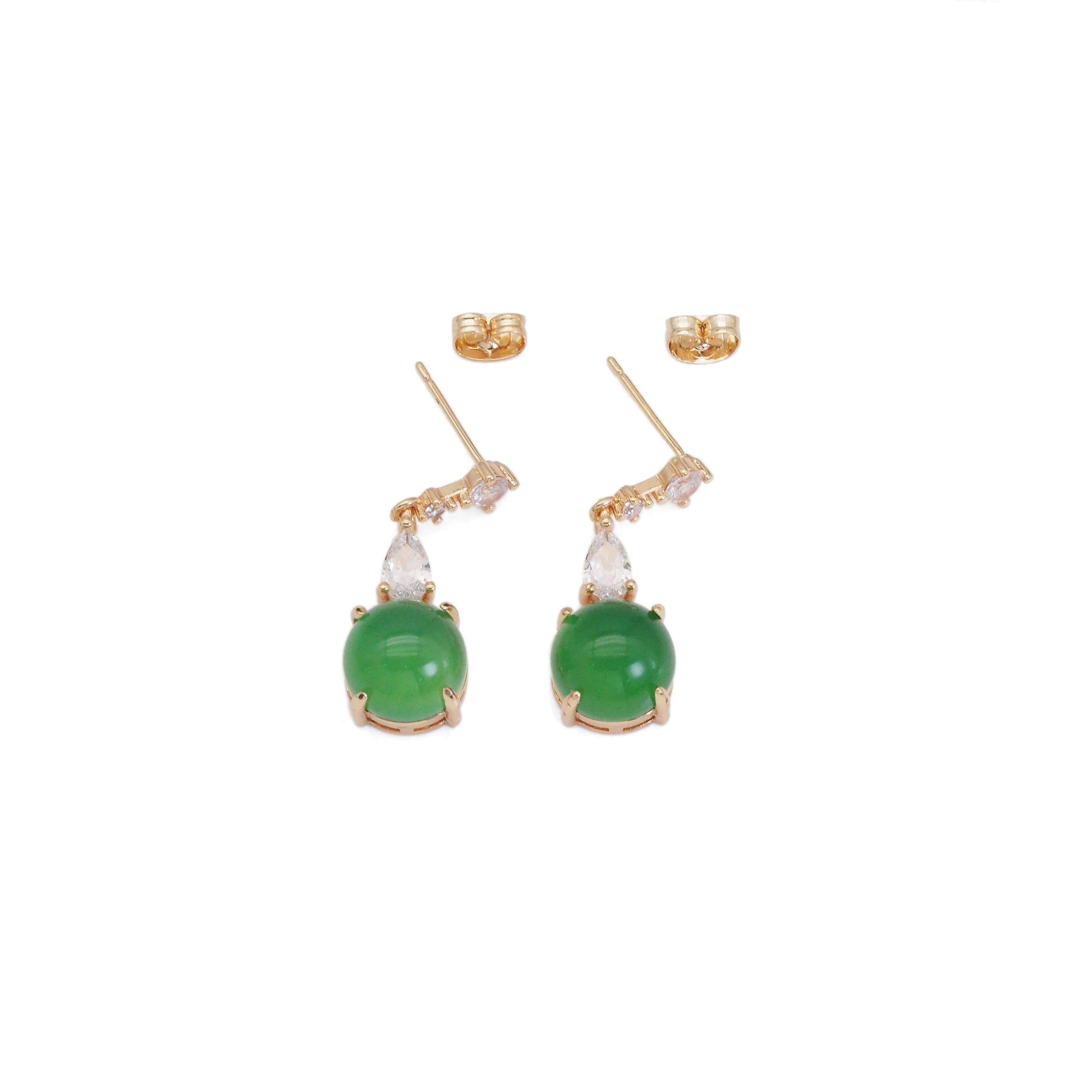 Clear CZ Gold Green Round Jade Stud Earrings, Sku#LX352-Bestbeads & Beyond