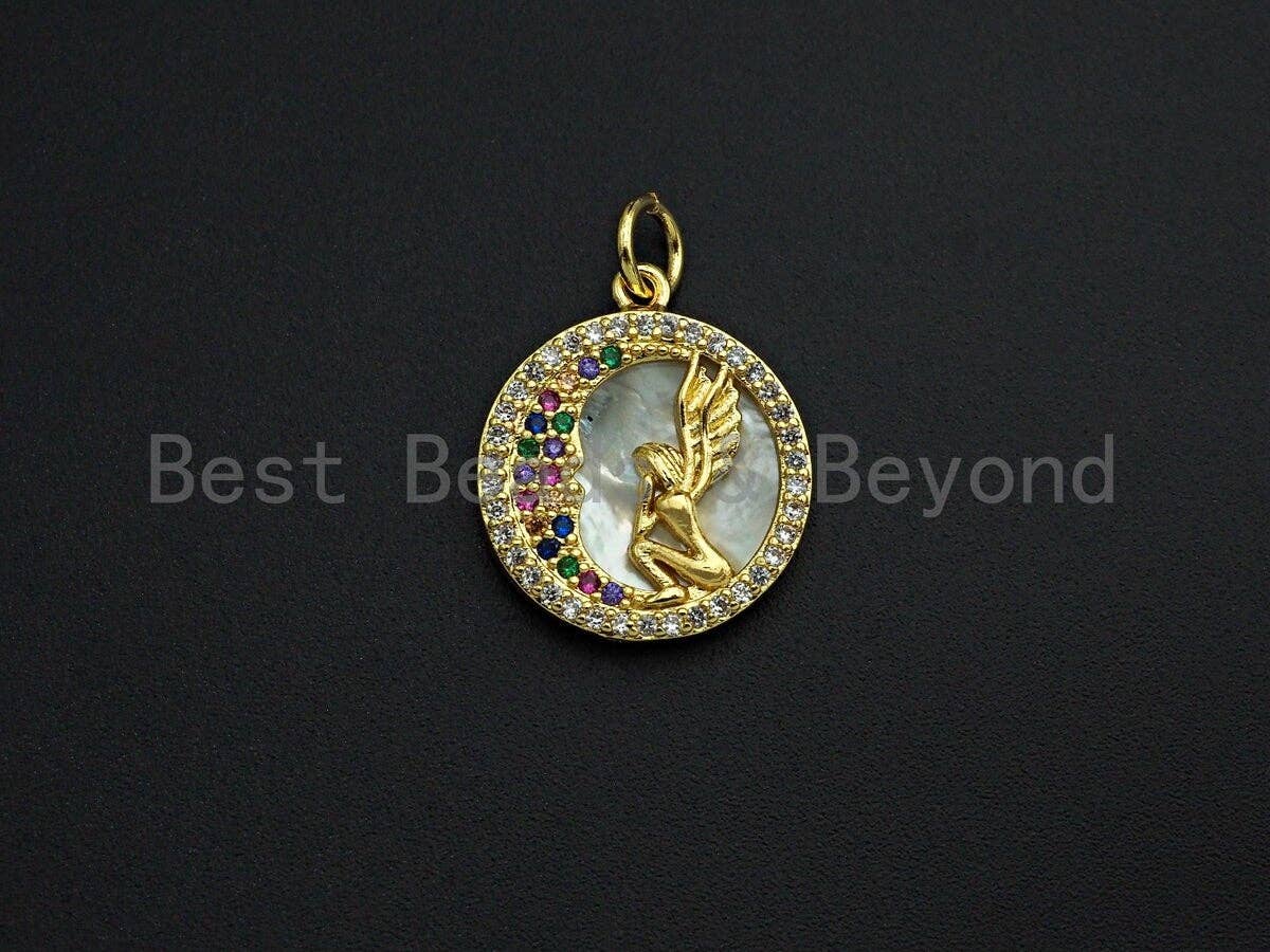 Mother-of-pearl Inlay Angel Colorful CZ Round Pendant/Charm, Angel Colorful Moon Cubic Zirconia Pendant,15mm,Sku#Z1099