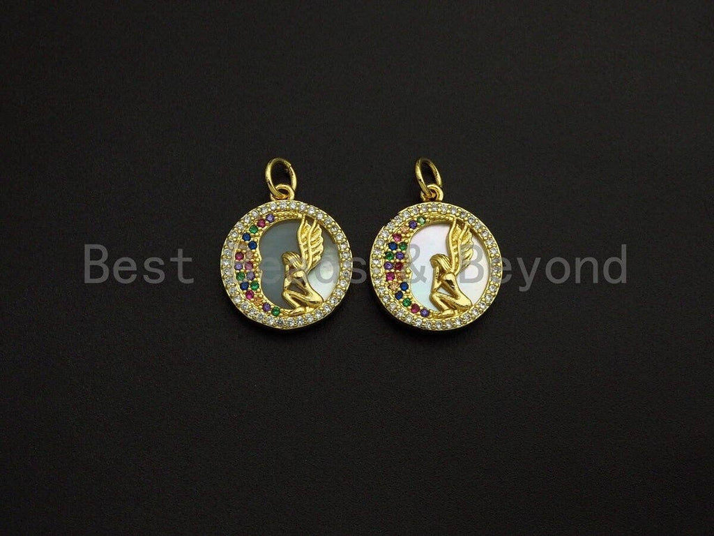 Mother-of-pearl Inlay Angel Colorful CZ Round Pendant/Charm, Angel Colorful Moon Cubic Zirconia Pendant,15mm,Sku#Z1099