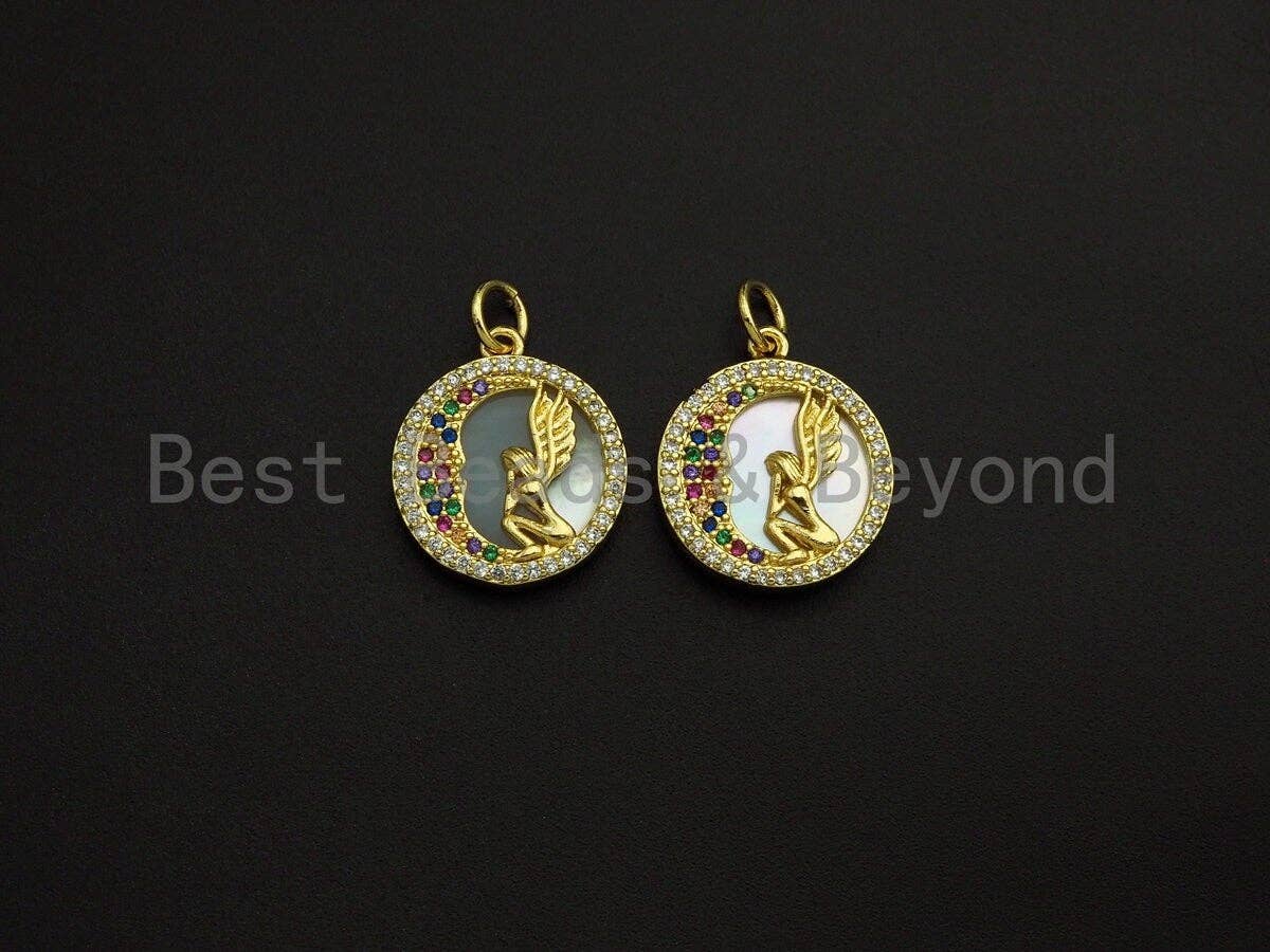 Mother-of-pearl Inlay Angel Colorful CZ Round Pendant/Charm, Angel Colorful Moon Cubic Zirconia Pendant,15mm,Sku#Z1099