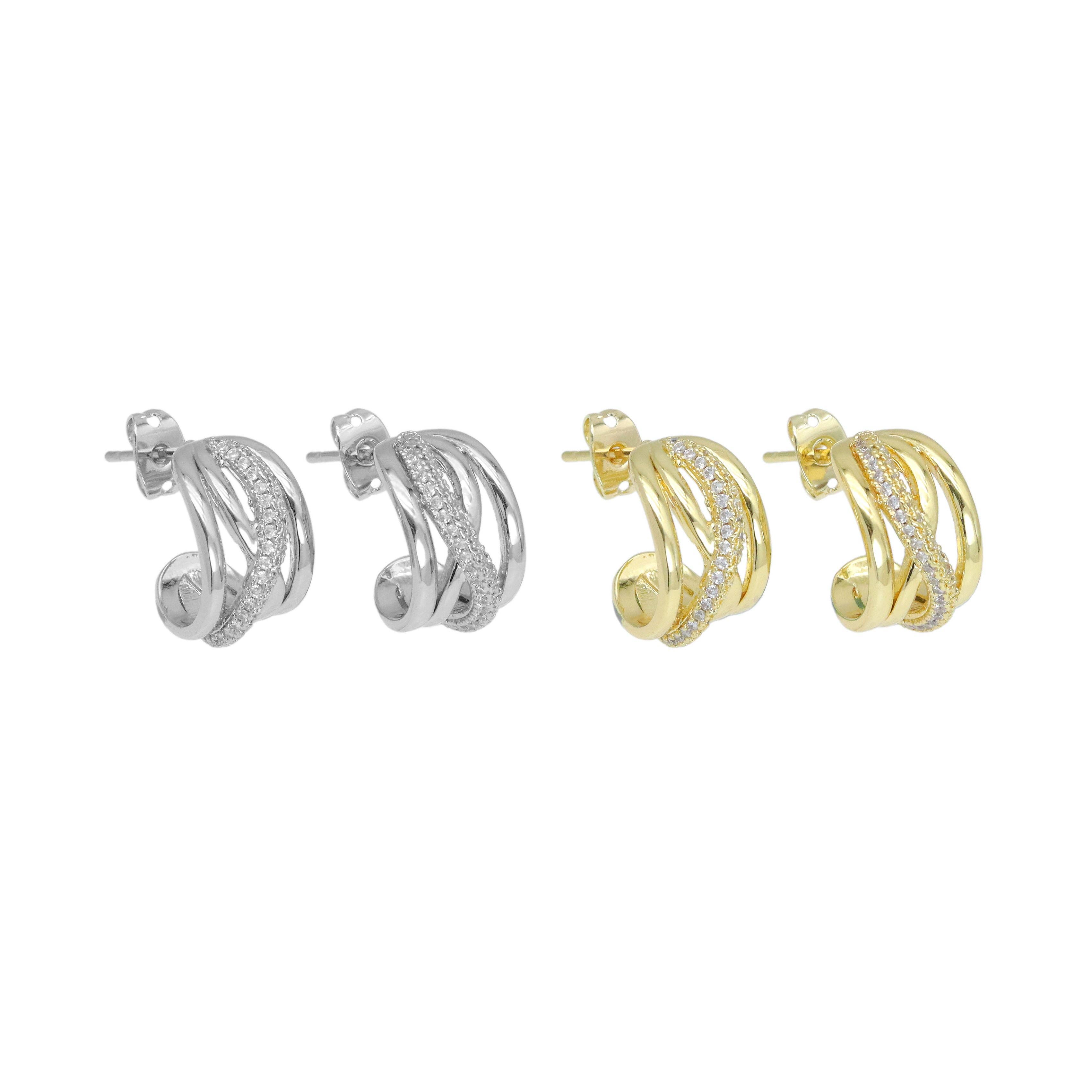 Clear CZ Gold Criss Cross Huggie Earrings, Sku#LX715
