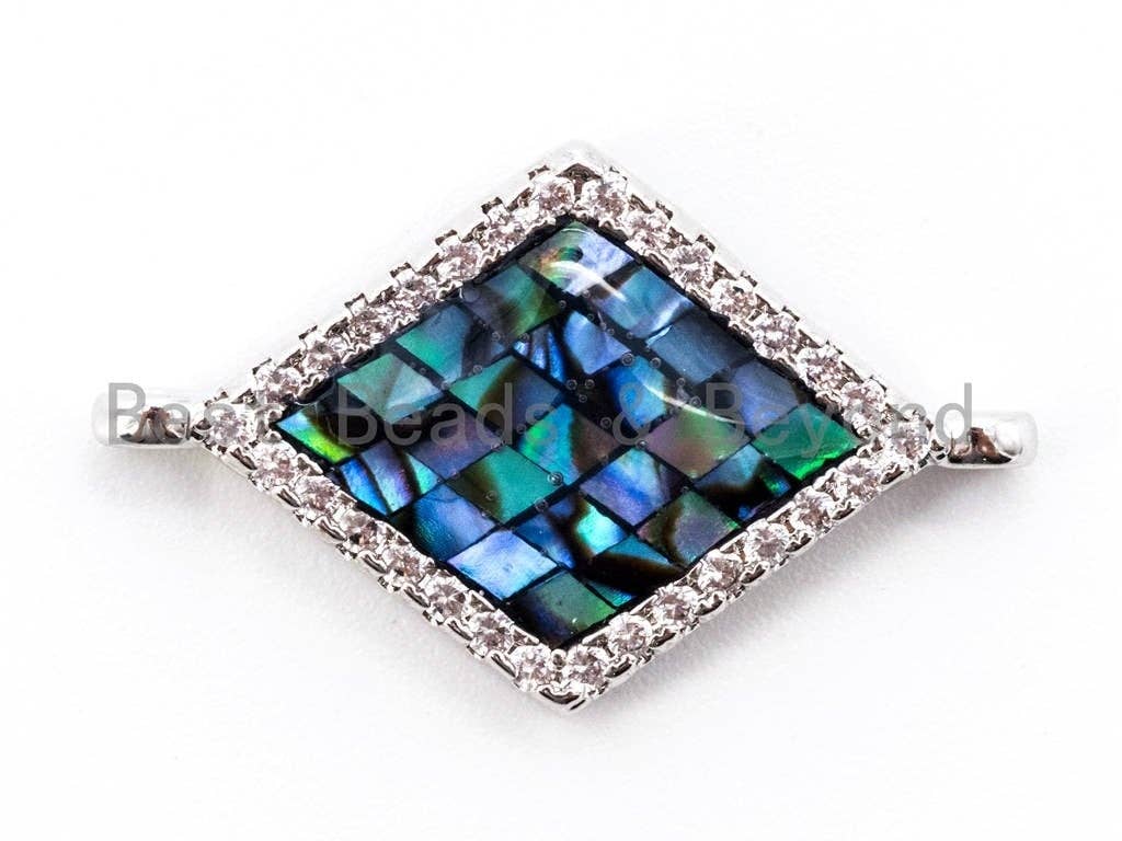 CZ Micro Pave Abalone Diamond Shape Connector,Gold/Rose Gold/Gunmental/Silver CZ Pave Charm, Abalone Stone Beads, 14x23mm,1pc/2pcs, sku#E313