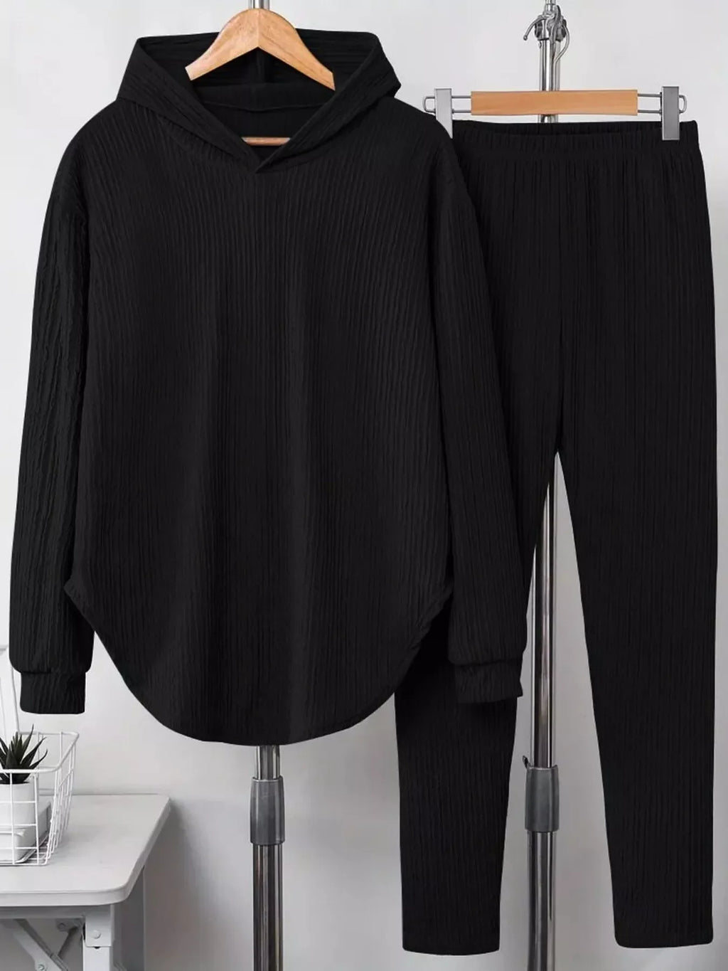 Textured Long Sleeve Hoodie and Pants Set