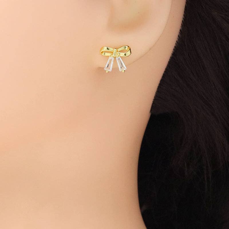 Clear Baguette CZ Cute Bow Shape Stud Earrings, Sku#LX697