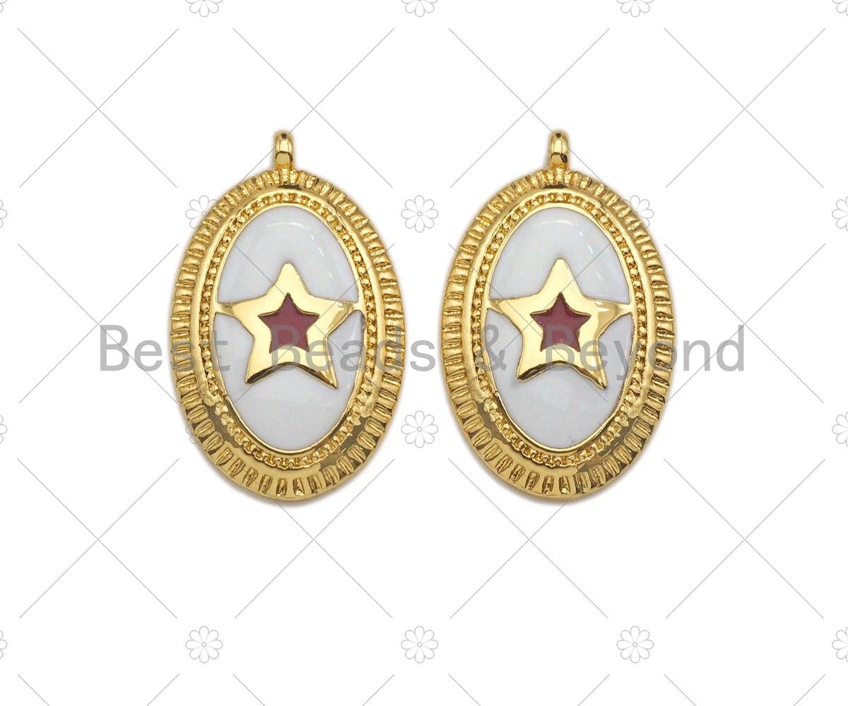White Enamel Five Star On Oval Pendant,CZ Micro Pave Enamel pendant,Enamel Charm,Enamel Jewelry,12x19mm,sku#Z1244
