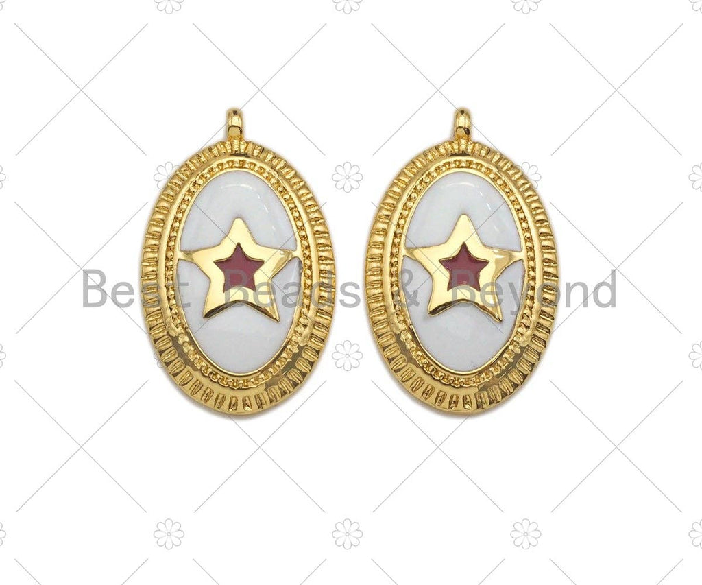 White Enamel Five Star On Oval Pendant,CZ Micro Pave Enamel pendant,Enamel Charm,Enamel Jewelry,12x19mm,sku#Z1244