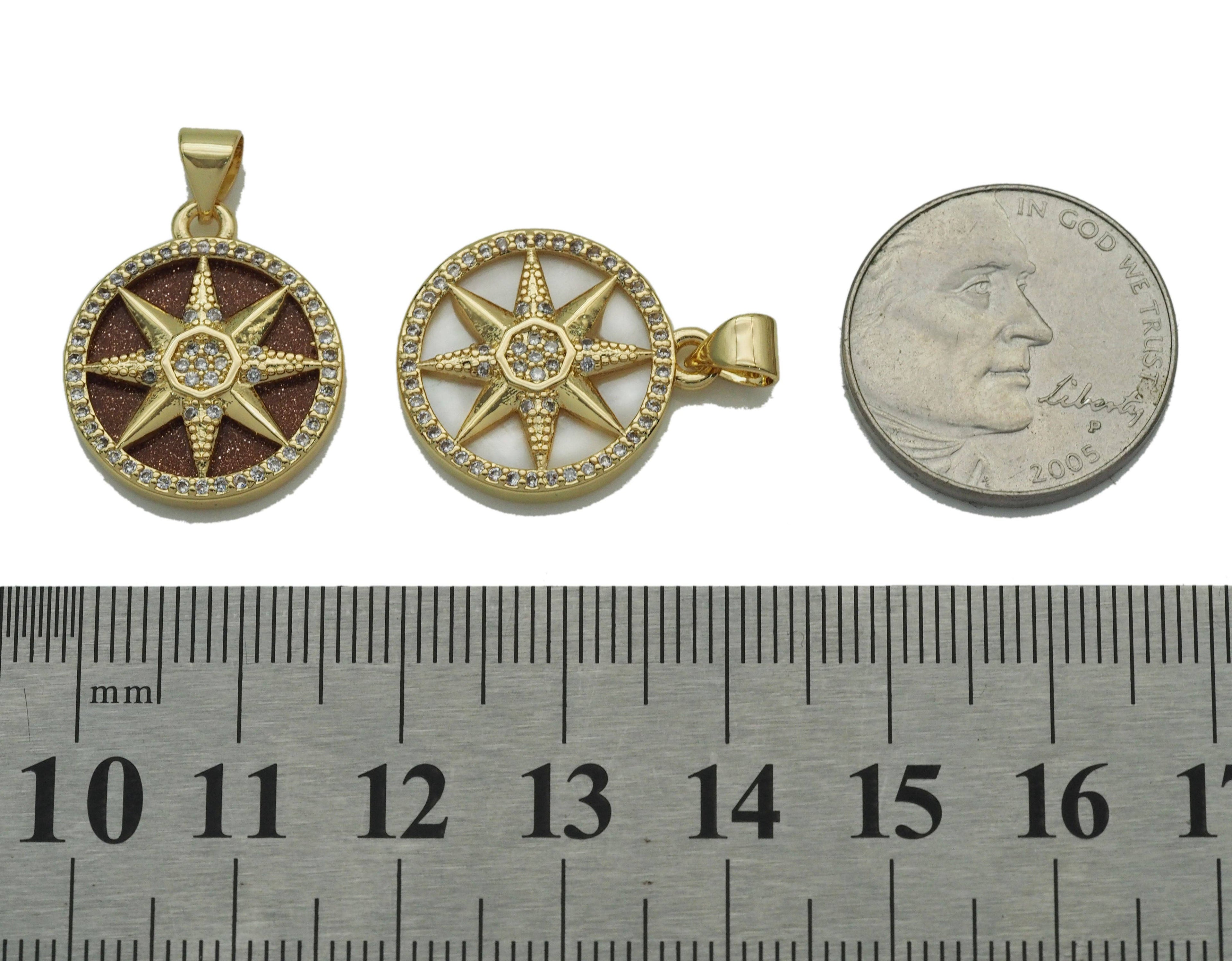 Gold CZ North Star On Round Coin Gemstone Charm, Sku#LX120