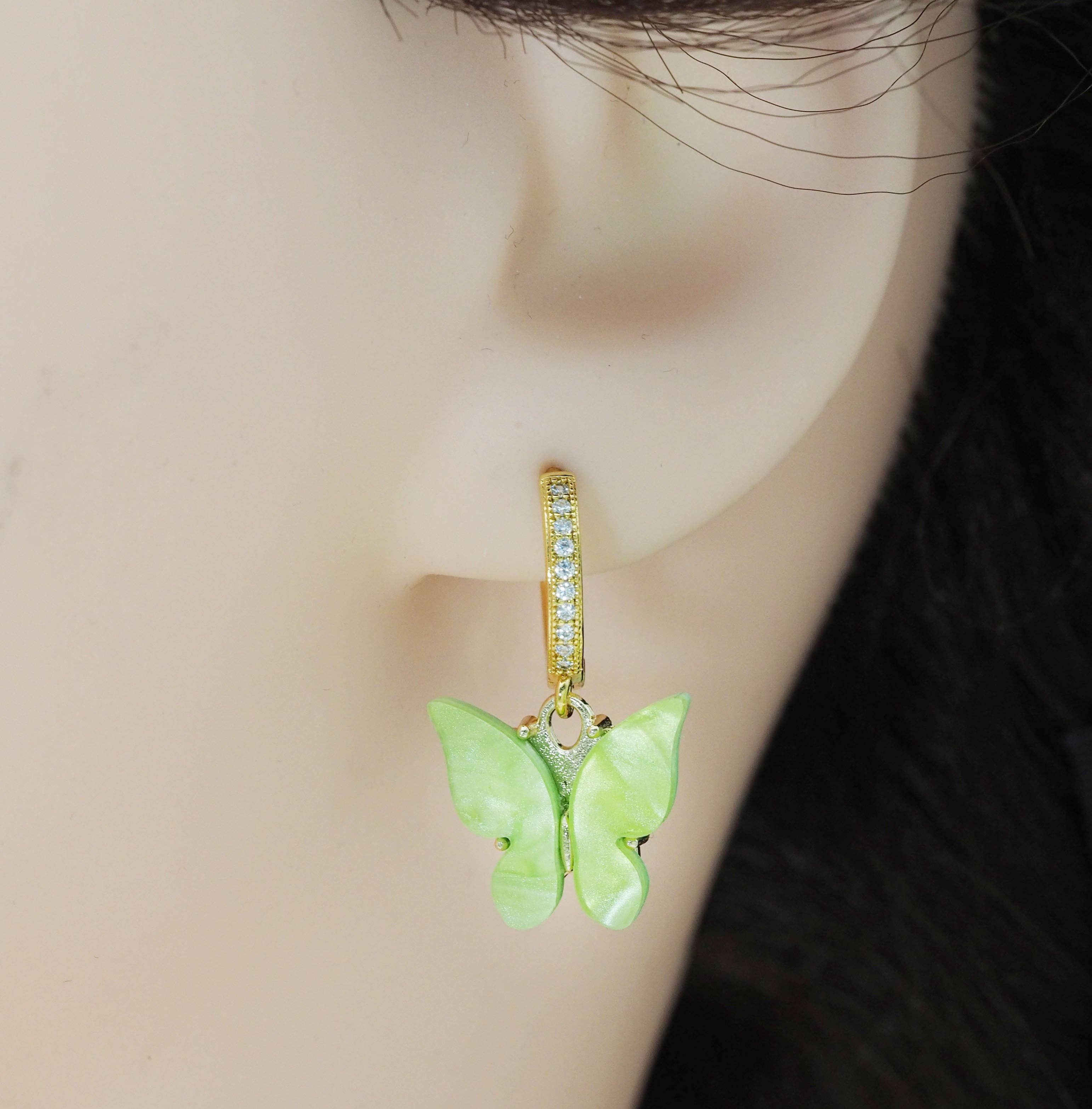 Colorful CZ Enamel Butterfly Hoop Earrings, Sku#EF205