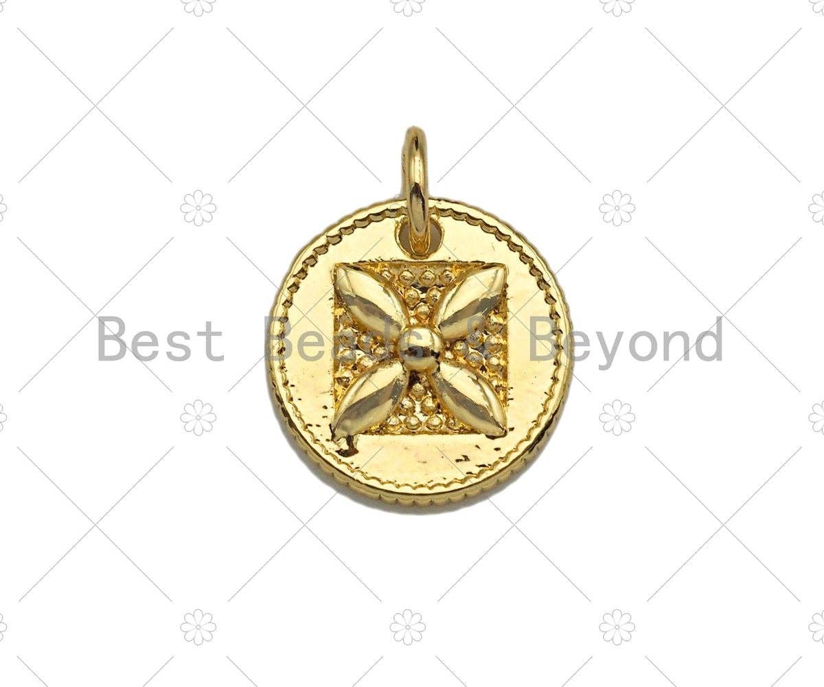18k Shiny Gold Square Flower On Round Coin Charms, Gold Coin Charms, Flower Pendant, Gold Pendant, Round Necklace Charms, 12x12mm, Sku#Y337