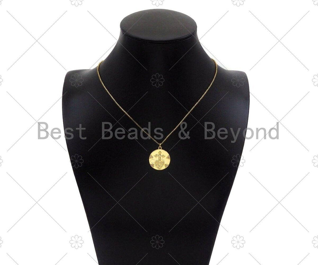 Gold Filled CZ Micro Pave Cross Heart On Round Cion Shape Pendant,18K Gold Filled Medallion Charm, Necklace Bracelet Charm,20x22mm,Sku#Z1334